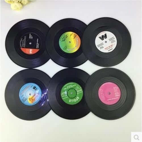 6 Pcs Retro Disk Coasters Vinyl CD Fun Drink Coasters With Player Holder Desktop Protection Kitchen Heat Resistant Anti-slip