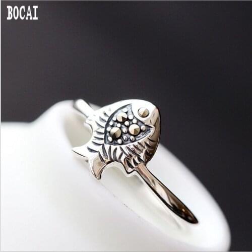 925 sterling silver ring inlaid with Mark Stone Thai silver fish ring open silver woman ring