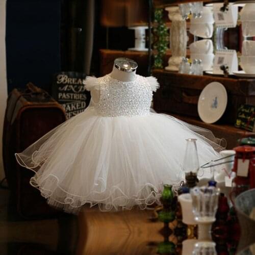 White Baby Girls Summer Dress Crystal Beading Tulle Girls 1st Birthday Dresses For Baby Girl Infant Toddler Baptism Clothes