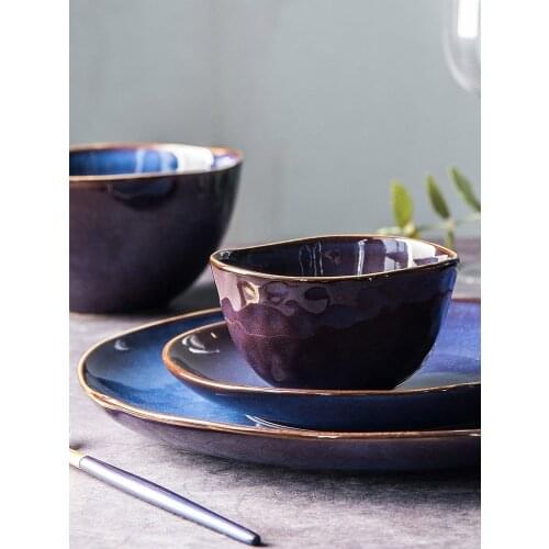 Household Bowl and Plate Combination set Simple Retro Ceramic Tableware Noodle Salad Bowl Steak Cake Dessert Plates