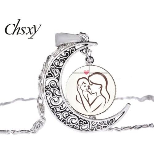 CHSXY Mom Love Baby Necklace Cartoon Figure Mom Baby Family Love Art Picture Glass Cabochon Hollow Moon Pendant Necklace Women