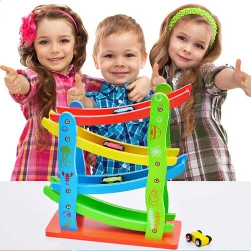 Baby Wooden Ladder Gliding Race Trace Toys Colorful Wooden Slot Track Car Glider Toys Learning Educational Toys Gift