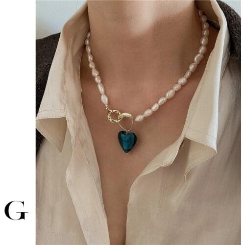 GHIDBK Baroque Natural Freshwater Pearls Glass Blue Heart Pendant Chokers Necklaces Handmade Statement Street Style Necklace