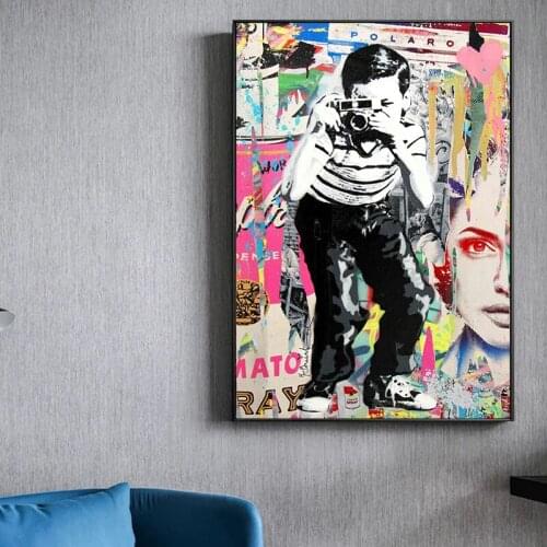 Graffiti Art Canvas Painting Modern Boy Taking Photos Posters and Prints Wall Art Picture for Living Room Home Decoration Cuadro