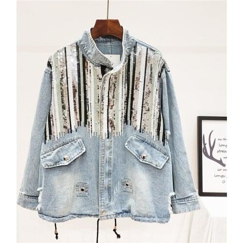 Plus Size Jeans Jacket Women Spring Autumn New Loose Clothes Sequin Zipper Mid-length Female Denim Coat Streetwear Veste Femme