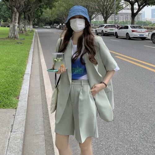 Summer Office Suit With Shorts For Women Outfit Two-Piece Set Solid Color Blazer High Waist Shorts Sets Female