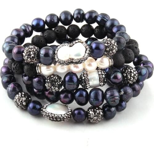 Fashion Beautiful 5pc set Black/White Bracelet Set Freshwater Pearl Strand Bracelets Handmake Paved Bracelets