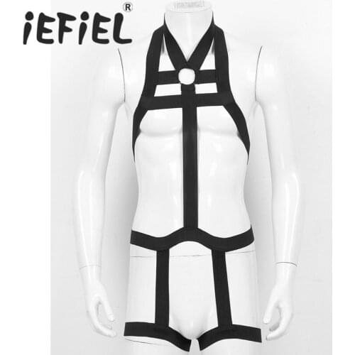 Mens Bodysuit Sexy Costumes Halter Neck Elastic Full Body Chest Harness Belt with Leg Garter Straps for Cosplay Club Costumes