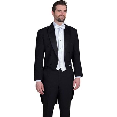 Black Long Coat Wedding Men Suit 3pieces(Jacket+Pant+Vest+Tie) Peak LapelGroom Tuxedos Prom Custom Made Blazer For Man
