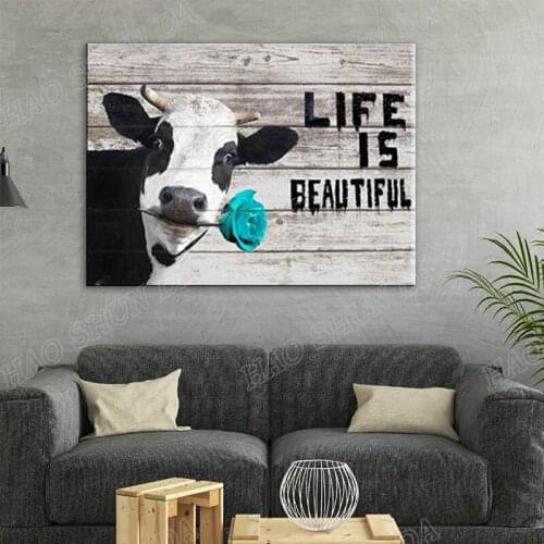 Canvas Wall Art Cute Cow with Inspiration Motto Canvas Prints Poster for Home Kitchen Bathroom Wall Decoration Ready to Hang