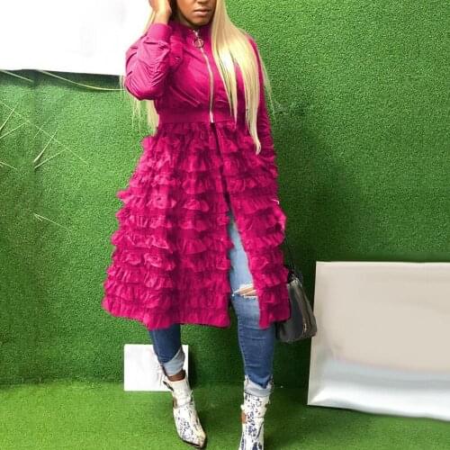 New Fashion Women Autumn Long Sleeve Zipper Jacket Lacework Mesh Midi Dress Coat