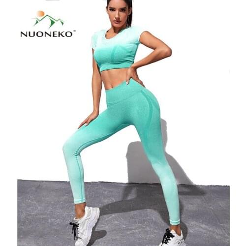 NUONEKO Women Summer Yoga Set Two Pieces Workout Clothes Sports Bra Leggings Fitness Running Tight Set Woman Yoga Outfits NT027