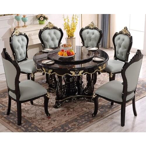 European-style all-solid wood dining table and chair combination luxury marble dining table big round villa household dining tab