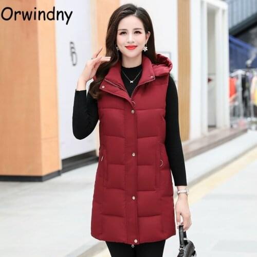 Orwindny Warm Vest Women 2021 New Fashion Hooded Long Waistcoat Solid Cotton Padded Parka Vests Female Plus Size L-5XL