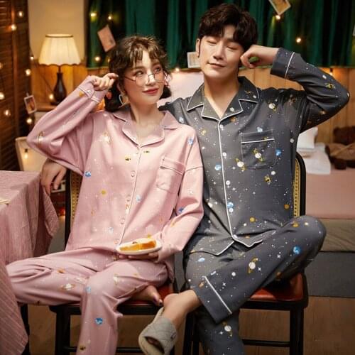 Autumn Couple Pajamas Set Cotton Loose Cardigan Sleepwear Women Men Long Sleeve Homewear Dream Space Pattern Lovers Nightgowns