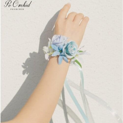 PEORCHID 2020 Wedding Bracelet flower blue Bridal Hand flowers Corsage For Groom Wedding Boutonniere Wrist Ornament Gift
