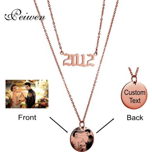 Personalied Custom Necklaces Layered Stainless Steel Round Pendant Engrave Photo Text Choker Year Number 1980-2019 Birthday Gift