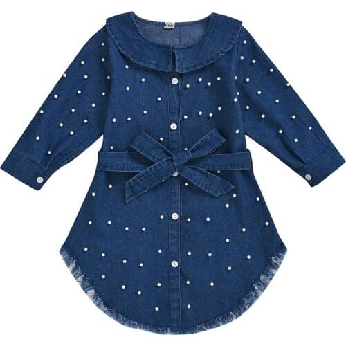 Baby girl dress spring and autumn fashion denim dress 1-6 years old round neck beaded cardigan denim skirt girl denim dress