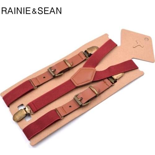 RAINIE SEAN Leather Suspenders Men Women Red Vintage Braces For Trousers Y Back Male Female Pants Strap With 3 Clips 115cm