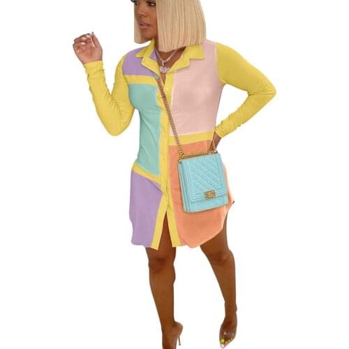 Polo Button Up Dress Women Geometric Print Long Sleeve Casual Streetwear Patchwork Mini Dresses Office Lady 2021 Spring Summer