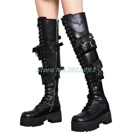 Knight Boots Black Leather Muffin Heel Knee High Runway Causal Winter Women Shoes Lace Up Bags Decor Motorcycle Boots Flat Heel