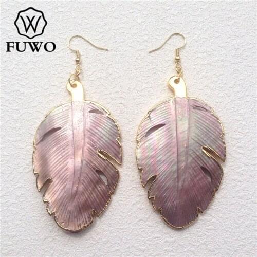 FUWO Carved Big Leave Shell Earrings With 24K Gold Filled Edge Fashion Softly Iridescent Light Weight Shell Dangle Earring ER506