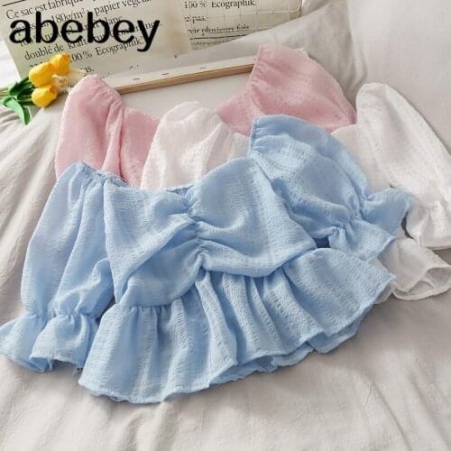 Chiffon Blouses Women Puff Sleeve Ruched Front Blouse Flounce Hem Textured Chiffon Sweet Shirts French Style Vintage