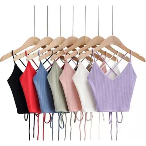 Womens Fashion Sexy V-Neck Bandage Solid Color Summer Knitted Tank Top Camis