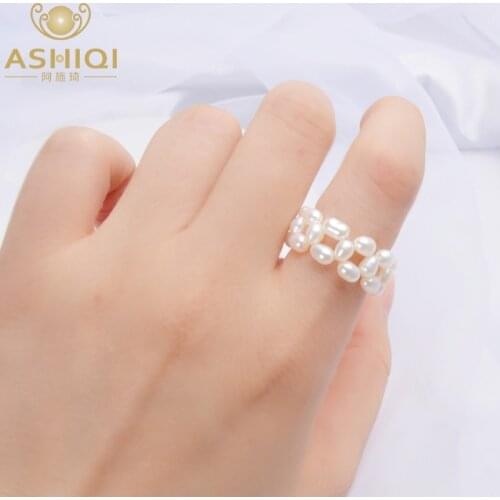 ASHIQI Real Natural Freshwater Pearl Rings for Women Wedding Gift Fishing Line Braided Hand Jewelry