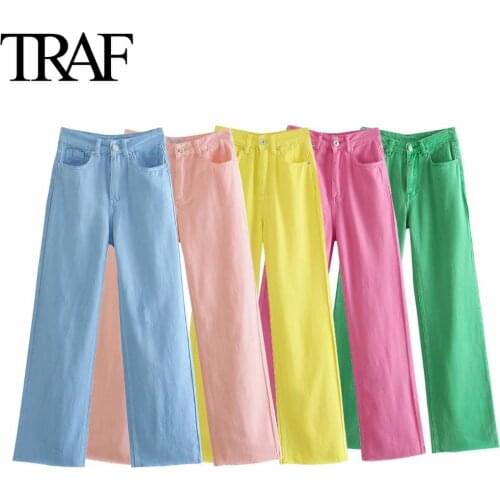 TRAF Womens Clothing Vintage Streetwear Pink Baggy Jeans 2021 Spring Autumn Korean Fashion High Waist Wide Leg Pants Mujer