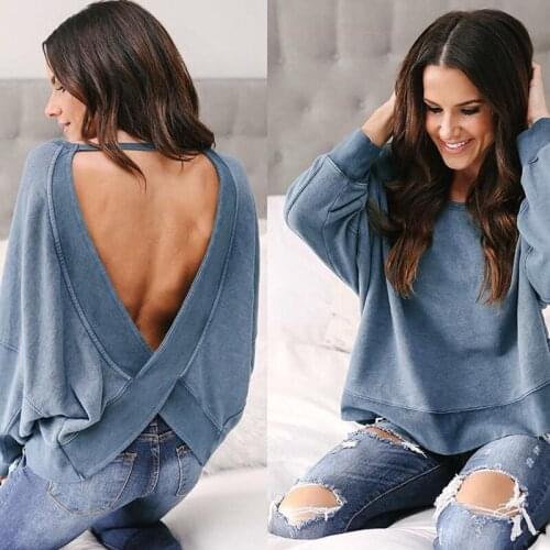 Backless Pullovers Women Loose Hoodie Patchwork Tops 2020 Autumn Fashion Sexy Sweatshirt Female Coat