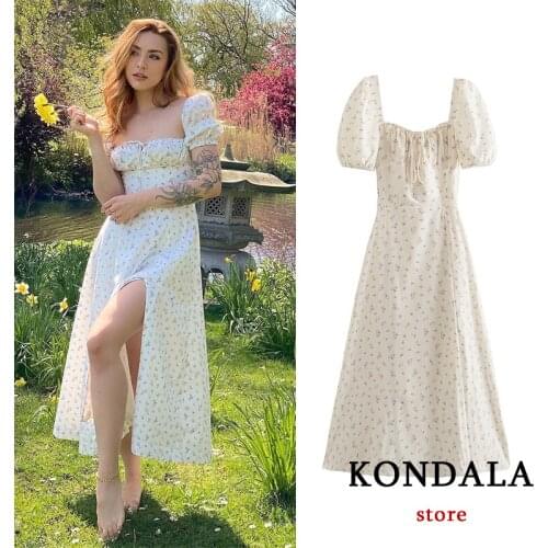 Women Chic White Floral Short Puff Sleeve Dress Za 2021 Side Split Square Collar Casual Midi Dress Female Elegant Mujer Vestidos