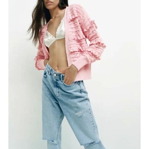 Za Womens Sweater Knitted Jumper Pink Long Sleeve Knitwear Female Chic Hollow Out Knit Jacket Coat Solid Cardigan Sweater Woman