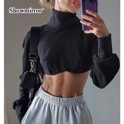 Showmirror Autumn 2021 Turtleneck Crop Top Women Lantern Sleeve Back Zipper Sweatshirt Fashion Streetwear Gothic Clothes