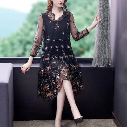 2021 Summer Elegant Mesh Lace Embroider Women A Line Dress Hooded Cap long Sleeve Dresses Vestido Plus Size