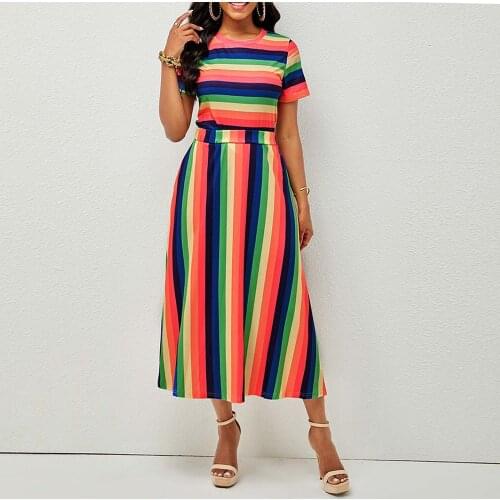 OTEN Women Casual Short-sleeve Round-neck Two Piece Separate Dress Set Stripe Printed Loose Fashion Party A-line Midi Dress