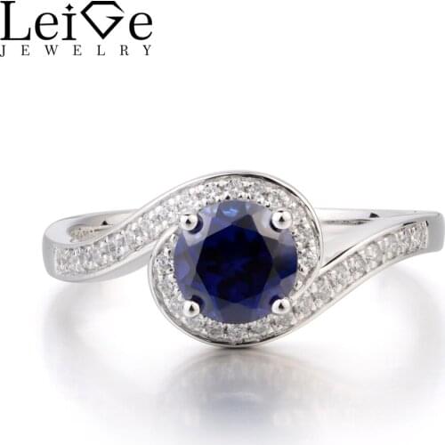 Leige Jewelry Blue Sapphire Ring Anniversary Ring September Birthstone Round Cut Blue Gemstone 925 Sterling Silver Ring for Her