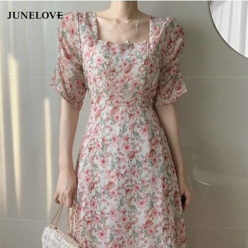 JuneLove Pink Chiffon Elegant Print Floral Dress Women Summer Sweet Boho Dress Vintage Female Casual Party Holiday Korean Dress