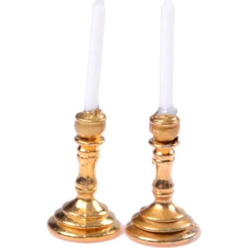 1 Pair of 1:12 Dollhouse Miniature Candlesticks White Candles Doll Accessories Top Quality Wholesale