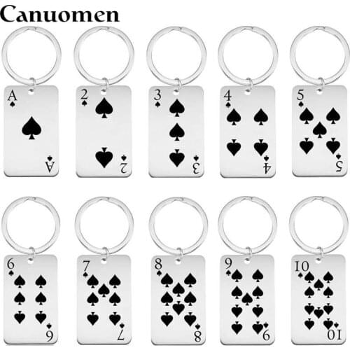 10pcs/Lot Spade Playing Card Keychain Stainless Steel Engraving Poker Keyrings Car Key Holder Classic Men Gift Key Chain Jewelry