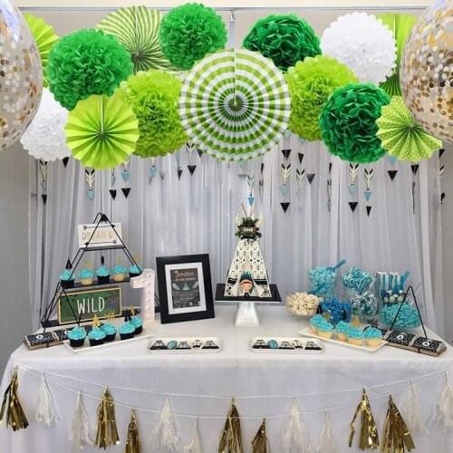 14pcs/set Green Paper Lanterns Tissue Pompoms Flower Honeycomb Ball Paper Fan Rosettes Hawaiian Party Favors DIY Decorations