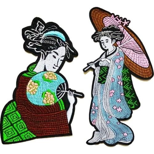 Fine Japanese Style Girl with Fan Umbrella Patches Iron On Woman Embroidered Appliques High Quality Badges Coats Decor