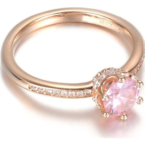 Authentic S925 Sterling Silver Ring For Women Pink Sparkling Crown Solitaire Ring for Wedding Party Gift fit Lady Fine Jewelry