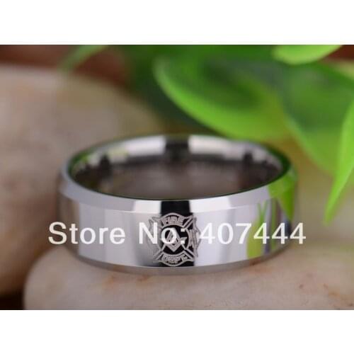 Free Shipping USA UK Canada Russia Brazil Hot Sales 8MM Silver Beveled Firefighter Masonic Mens Tungsten Carbide Wedding Ring