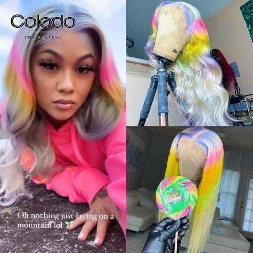 Brazilian Remy Pink Yellow Ombre Straight Lace Front Wig Blue Roots Pre Plucked Loose Wave Lace Front Wig With Baby Hair COLODO