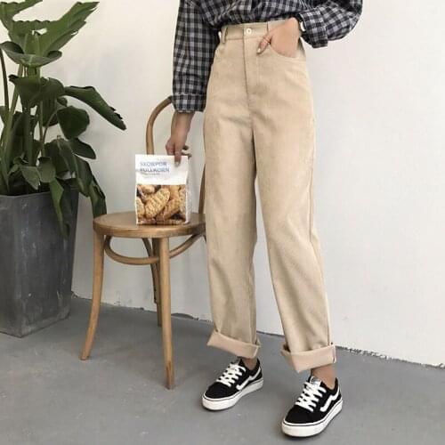Pants Women Solid High Waist Simple All-match Korean Style Zipper Pockets Leisure Soft Corduroy Pant Womens Loose Trousers Chic