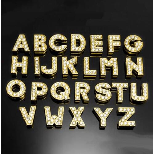 10mm Gold Crystal Alphabet Letters Slide Charms Flat Hole Metal Beads Keeper Fit 10mm Stainless Steel Mesh Bracelets DIY Jewelry