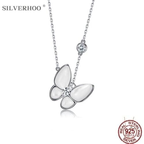 SILVERHOO Genuine 925 Sterling Silver Flying Butterfly Pendant Necklace With Cubic Zircon And Ceramic Handmade Female Jewelry