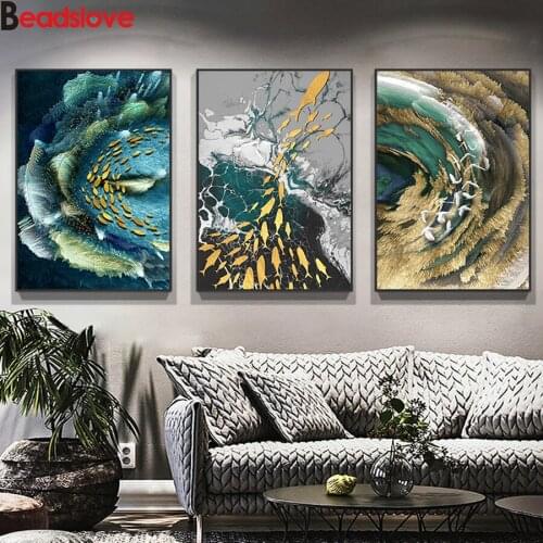 Diy Diamond Painting Landscape Mountain fishesmosaic full square/round drills diamond embroidery 3pcs