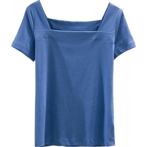 Cotton Women T-shirt Square Collar Short Sleeve women shirt All match Lady Top Black White Gray Yellow Shir